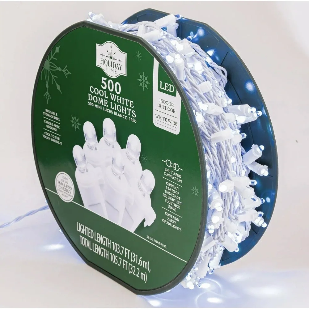 Holiday Time 500-Count Cool White LED Dome Christmas String Lights White Cord